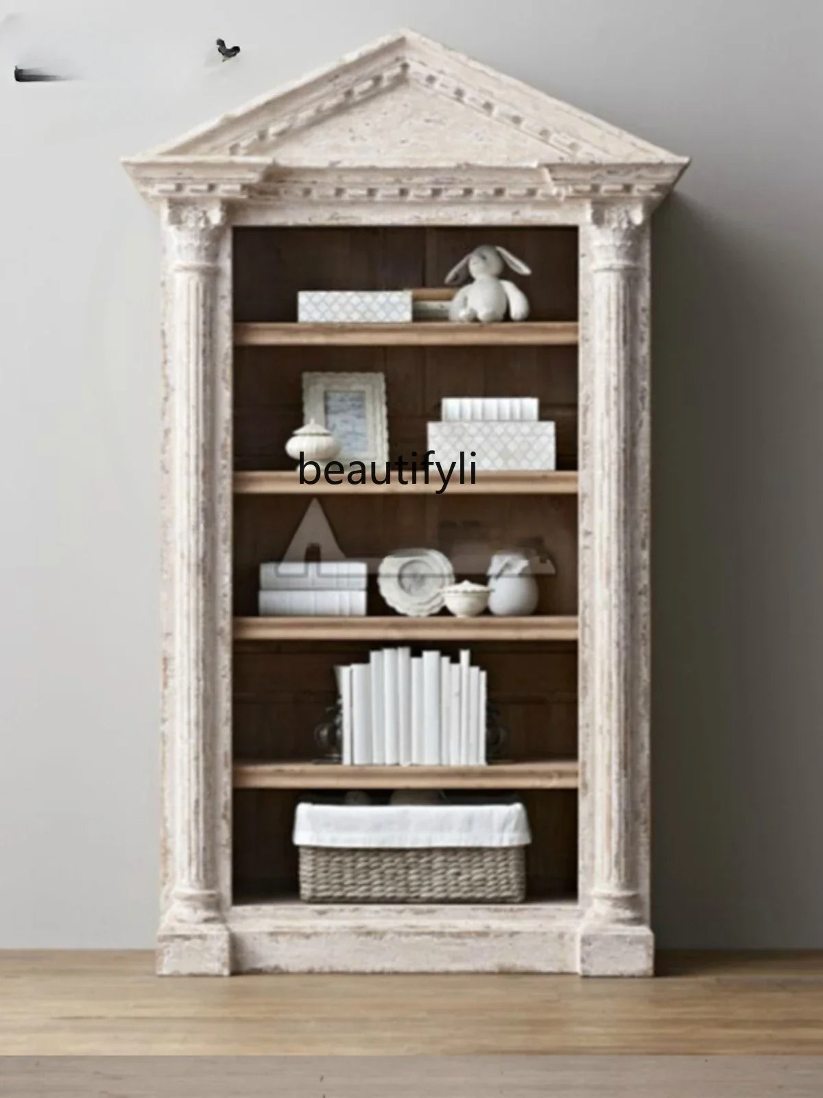 

American Country Retro Solid Wood Arch Bookcase Classical Distressed Open Display French Sideboard Cabinet