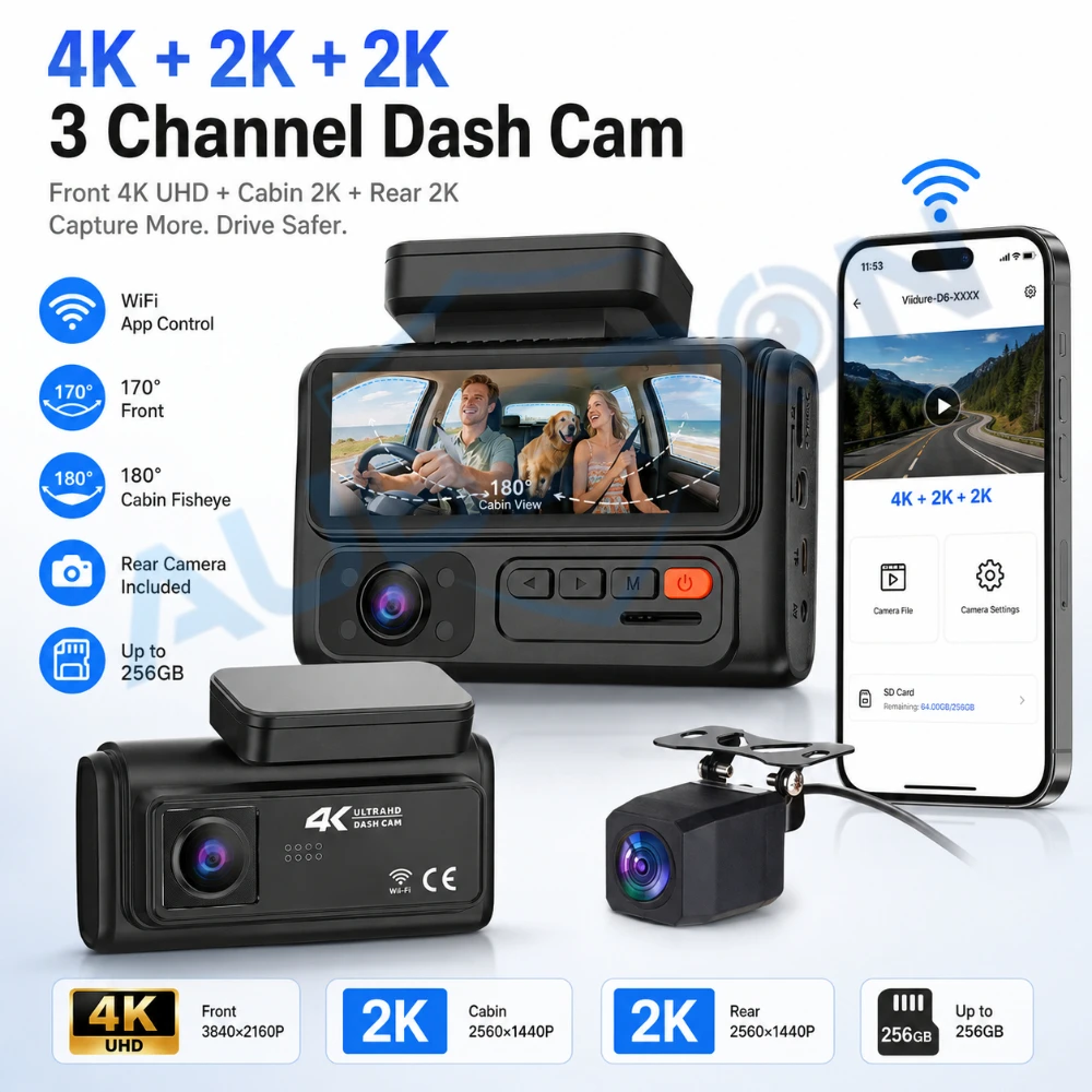 4K Triple Channel Dash Cam Front Inside Rear Camera Car Video Recorder WiFi Smart APP Control G Sensor Parking Mode Night Vision