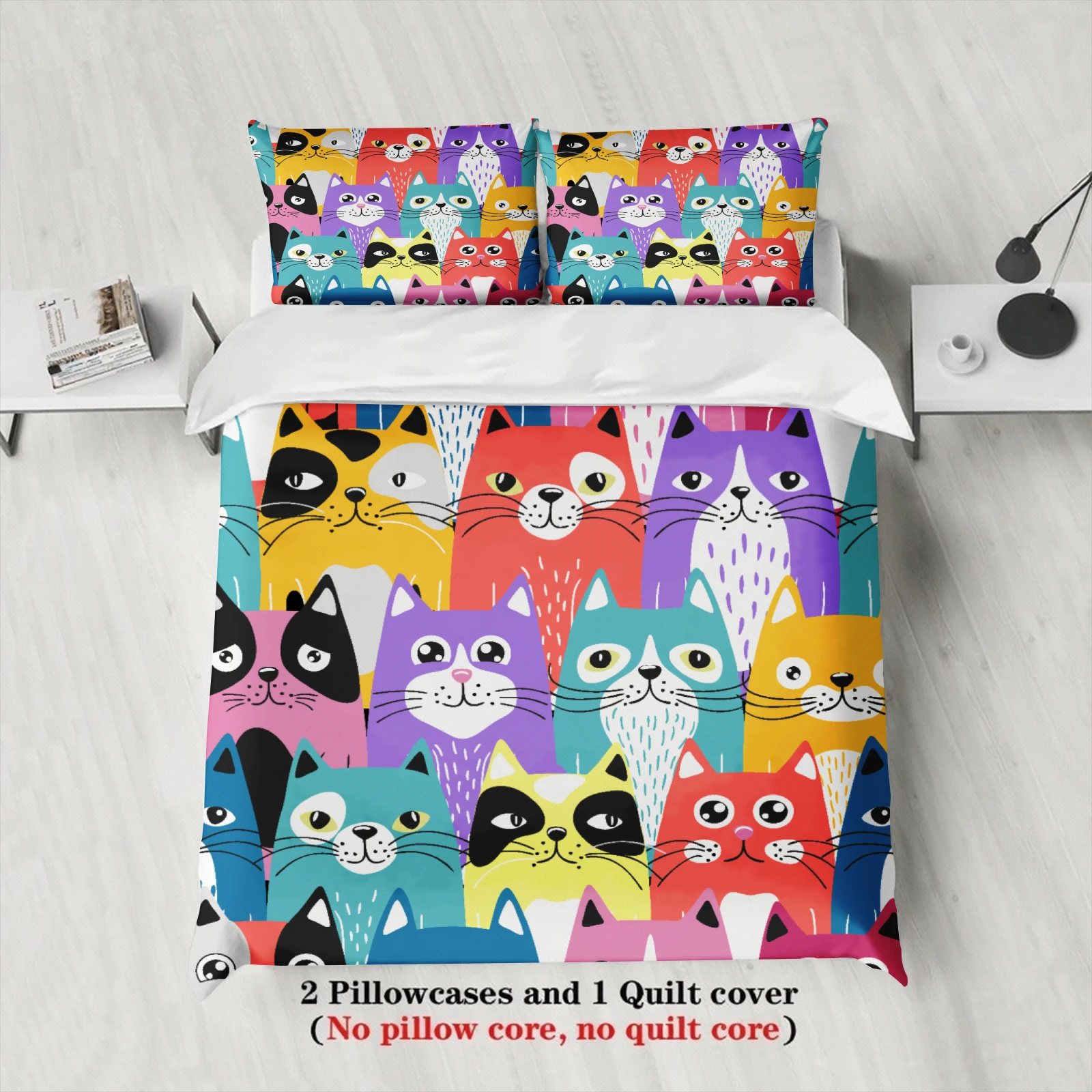 3pcs Colorful Cats Duvet Cover Cartoon Cat Pattern 3DPrint Gifts For Students Girls 100%Polyester Bedding Sets With 2Pillowcases