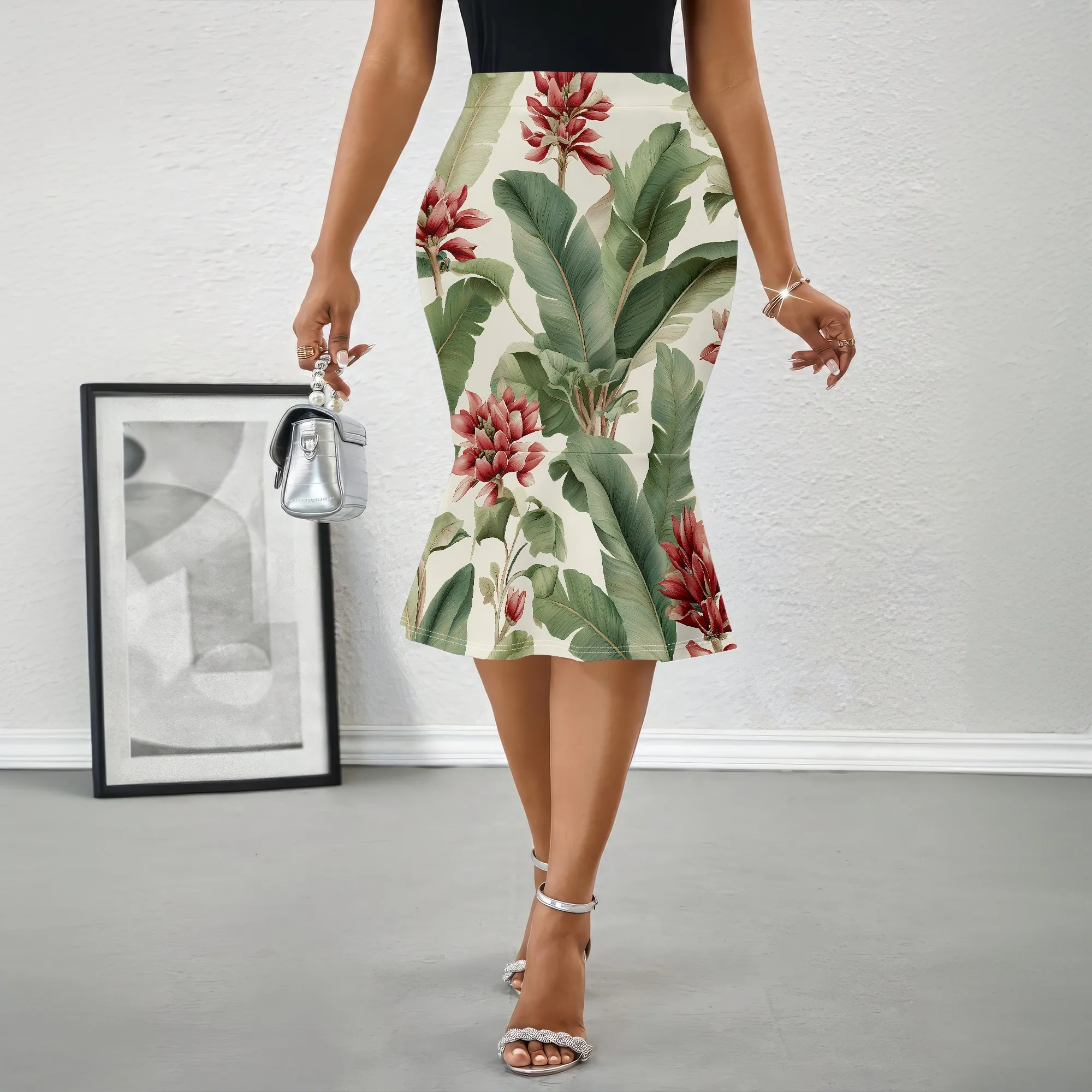 Tropical Leaf, Floral Midi Skirt, Botanical Print Pencil Skirt, High Waist Mermaid Skirt for Women Party Office S-2XL