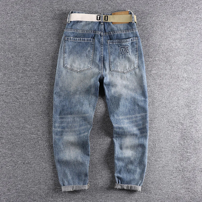 Heavy washed hole patch jeans men's spring and summer new fashion European and American nine point pants fit straight pants