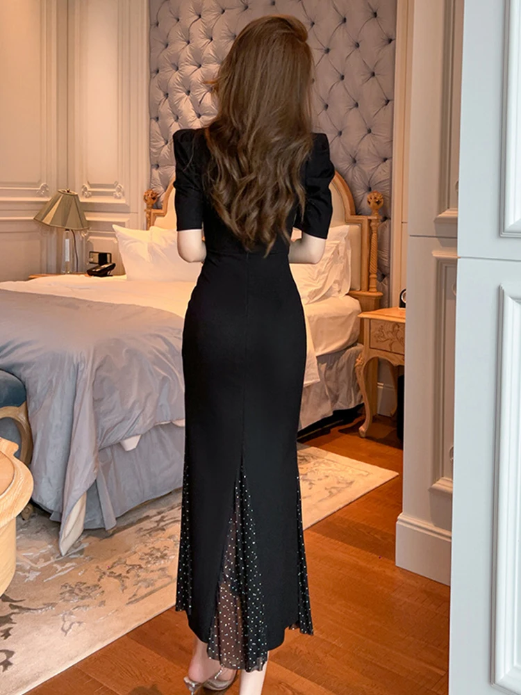 2023 Women Fashion French Retro Maxi Dress Woman Black Puff Sleeves Skinny Fishtail Robe Party Vestidos Prom Banquet Gown Femme