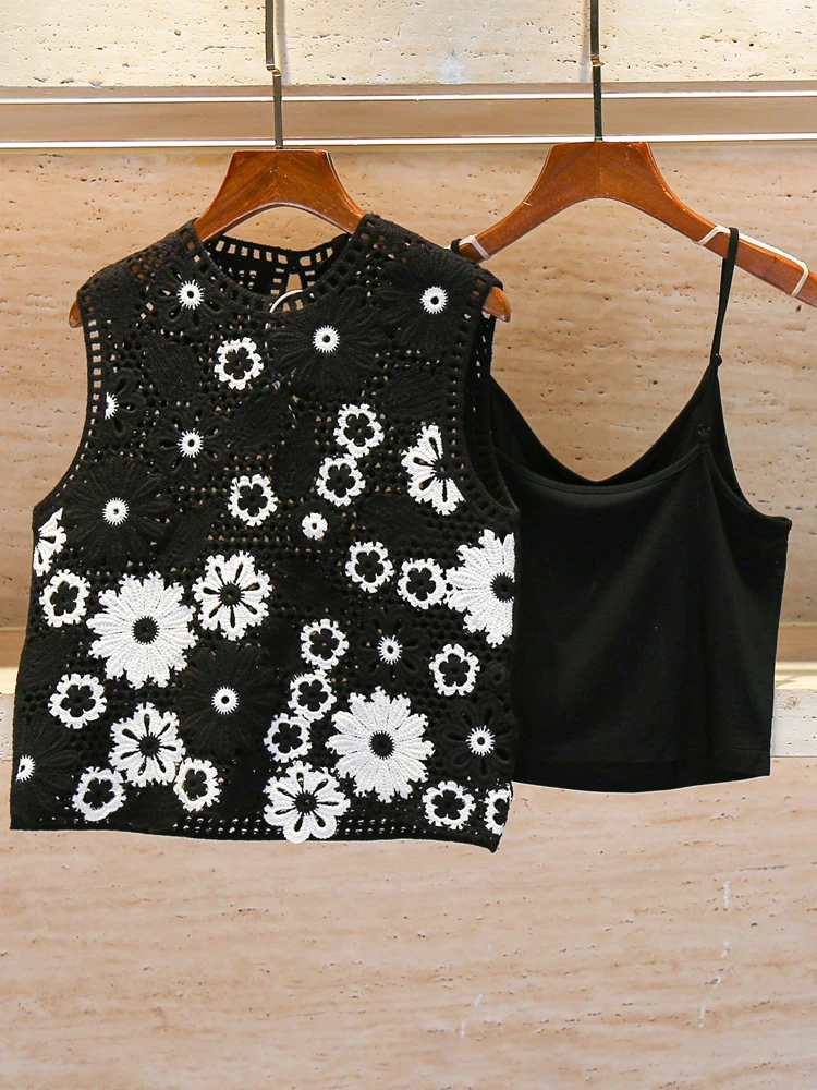 M Home Nan You High End Donna Estate 2025 Gilet lavorato a maglia cavo ricamato Top Semplice Sle rotondo Ne ort Lunghezza Svel