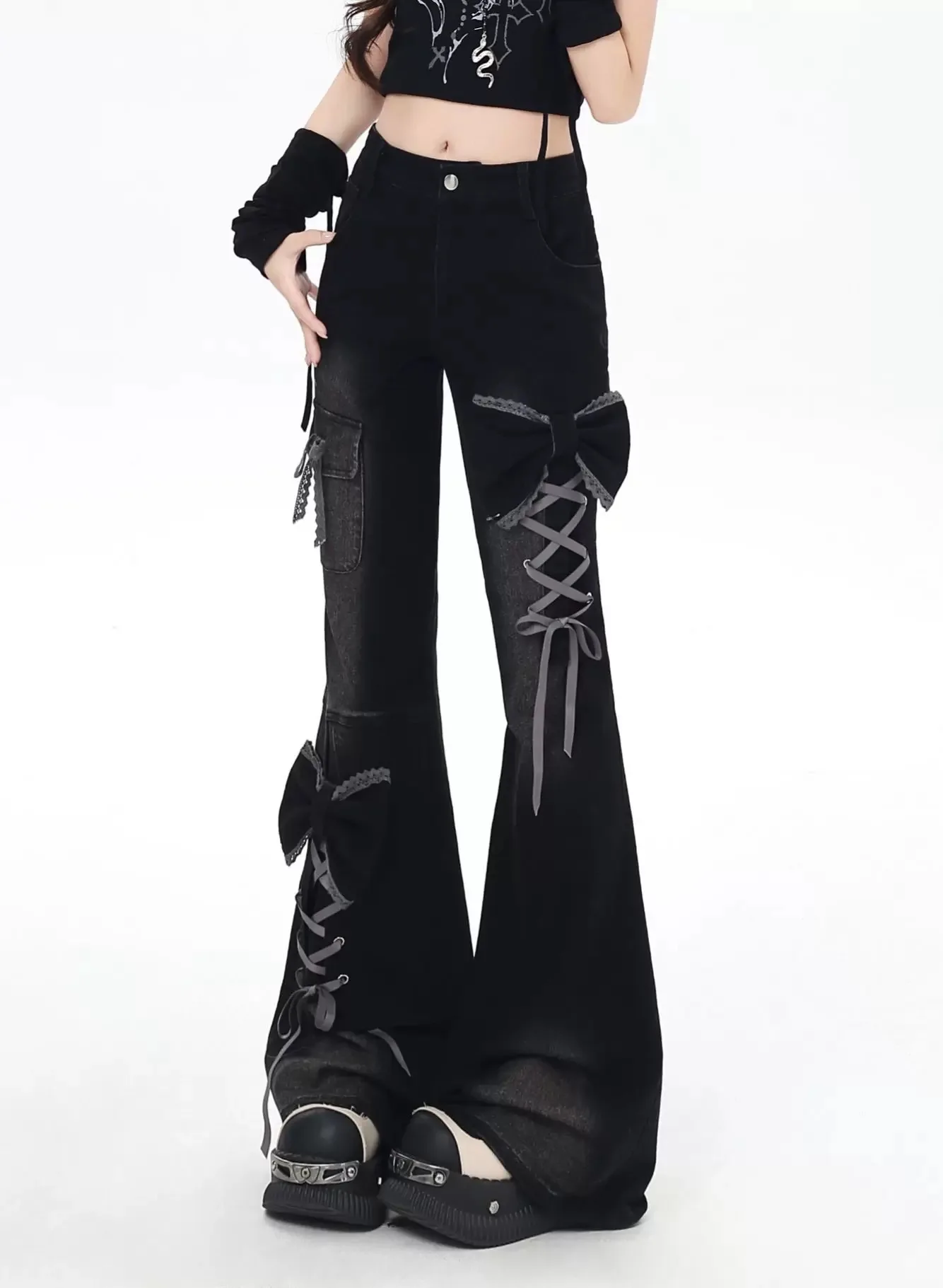 Y2K Bow Jeans Women 3D Design High Waist Slim Fit Flared Pants Spicy Girl