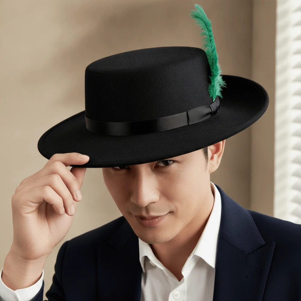 Felt Cavalier Top Hat Artificial Feather Wide Brim Feather Stage Cap Lightweight Retro Style Masquerade Headwear