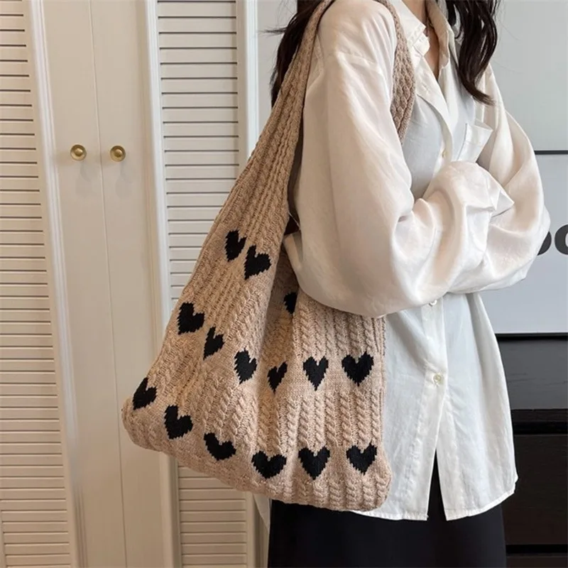 Heart Knitted Women\'s Bag Knit Eco Bag Korean Foldable Shopper Y2K Crochet Rope Shoulder Bag Sweet Knitting Handbag Ins Tote Bag