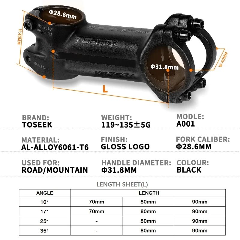 TOSEEK Mtb Road Bicycle Handlebar Stem 7 10 17 25 35 Degree Aluminum Stem 70 80 90mm MTB Power 31.8mm Bike Table Bicycle Parts