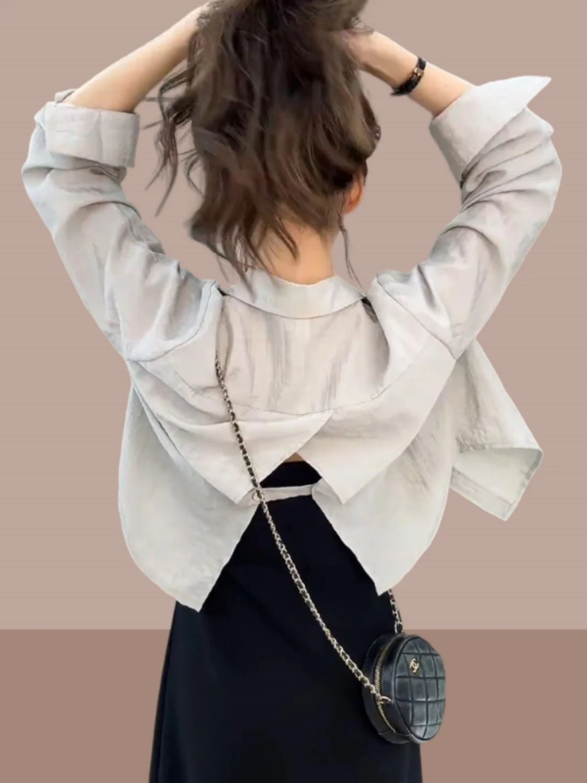 

Уникальный красивый женский короткий легкий кардиган с разрезом сзади, рубашка для защиты от солнца, свободный крой в корейском стиле, с длинными рукавами