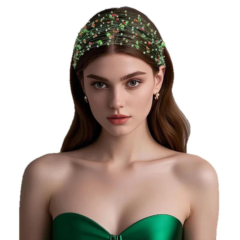 New Handmade Hair Accessories Green Fresh Crystal Headband Festival Woman Headwear Wide Hairbands Girls Headband Hair Hoop
