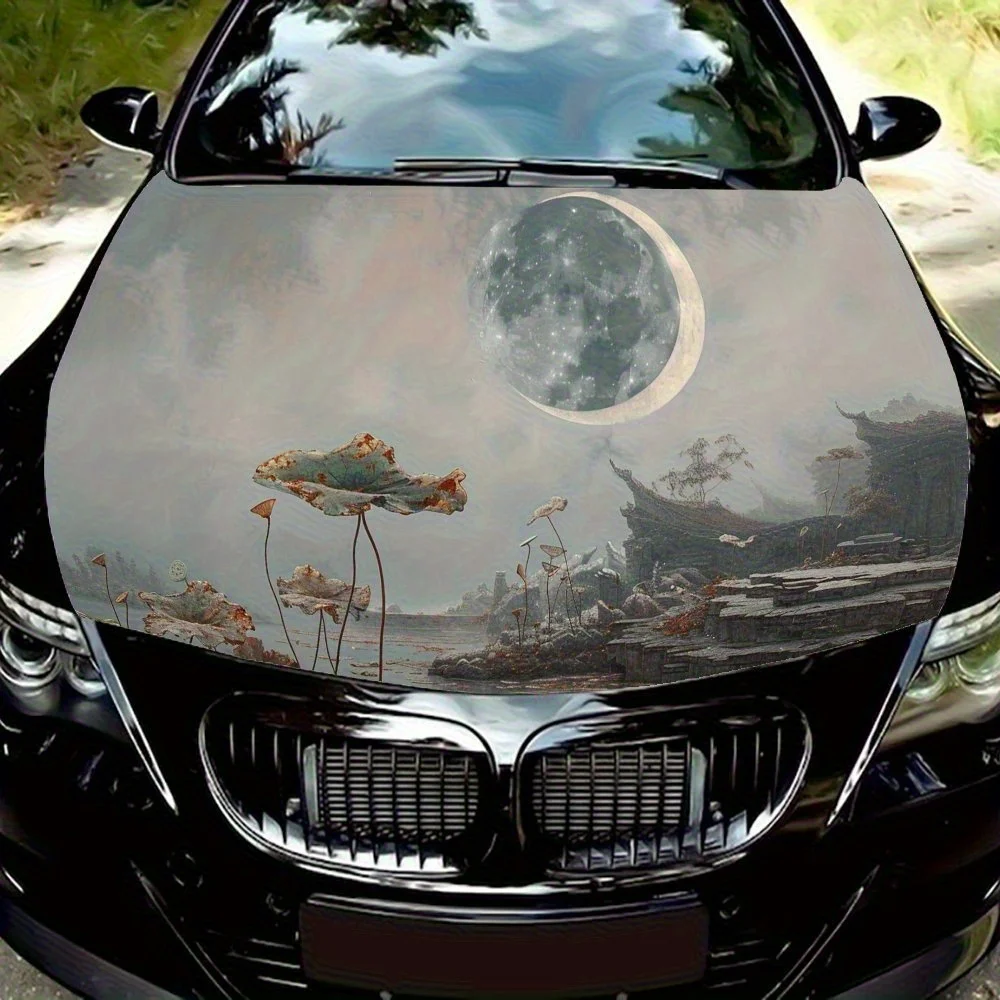 Ethereal Moonlit Landscape with Lotus Car Hood Vinyl Wraps, Car Engine Decal Sticker, Waterproof Self-adhesive Car Vinyl Wraps,