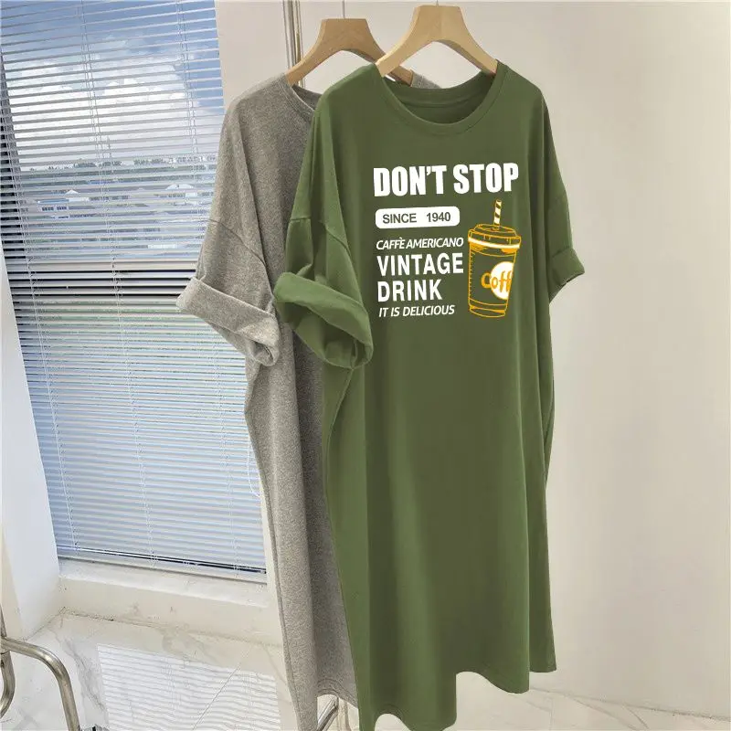 Women Tunic Summer Loose Simple Coffee Cup Printed Basic Long T-shirt Short Sleeve Chic Y2k Casual O-neck Pullovers