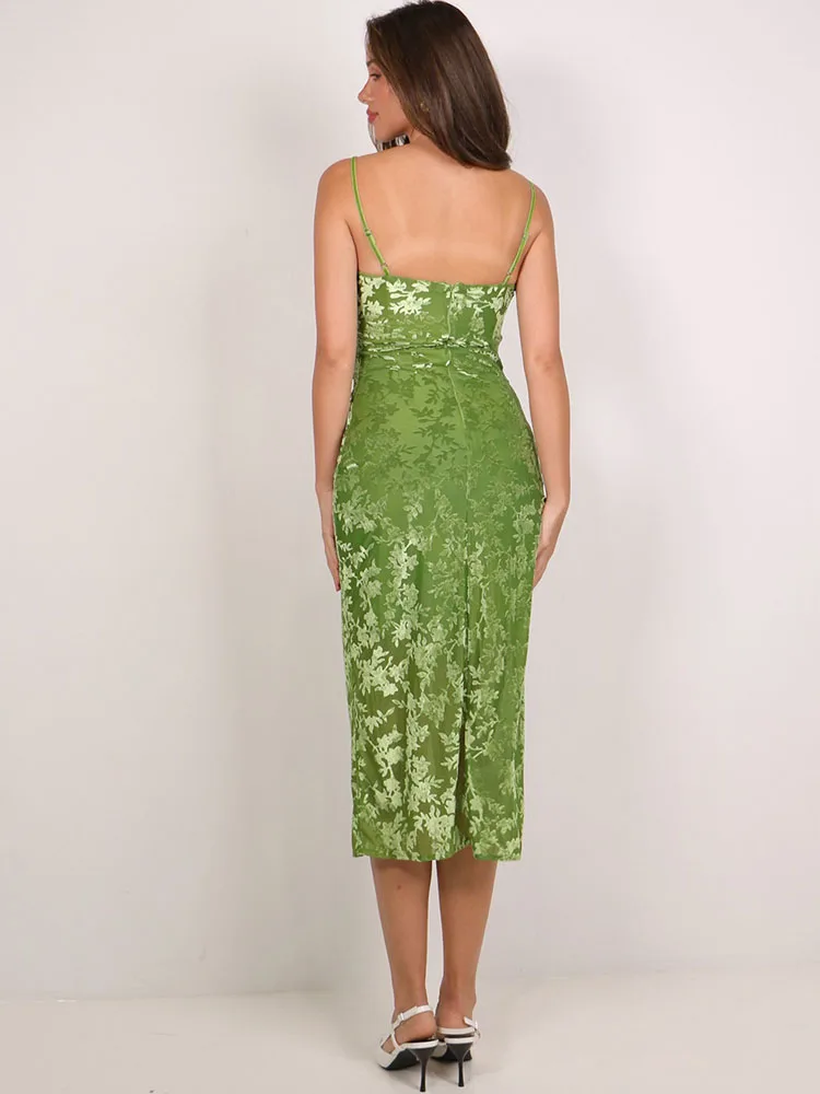 فستان ميدي نسائي بحمالات رفيعة وتصميم زهري عتيق من MCDV، فستان ضيق مثير بظهر مفتوح وشق جانبي، مناسب للإجازات والحفلات الصيفية 2026