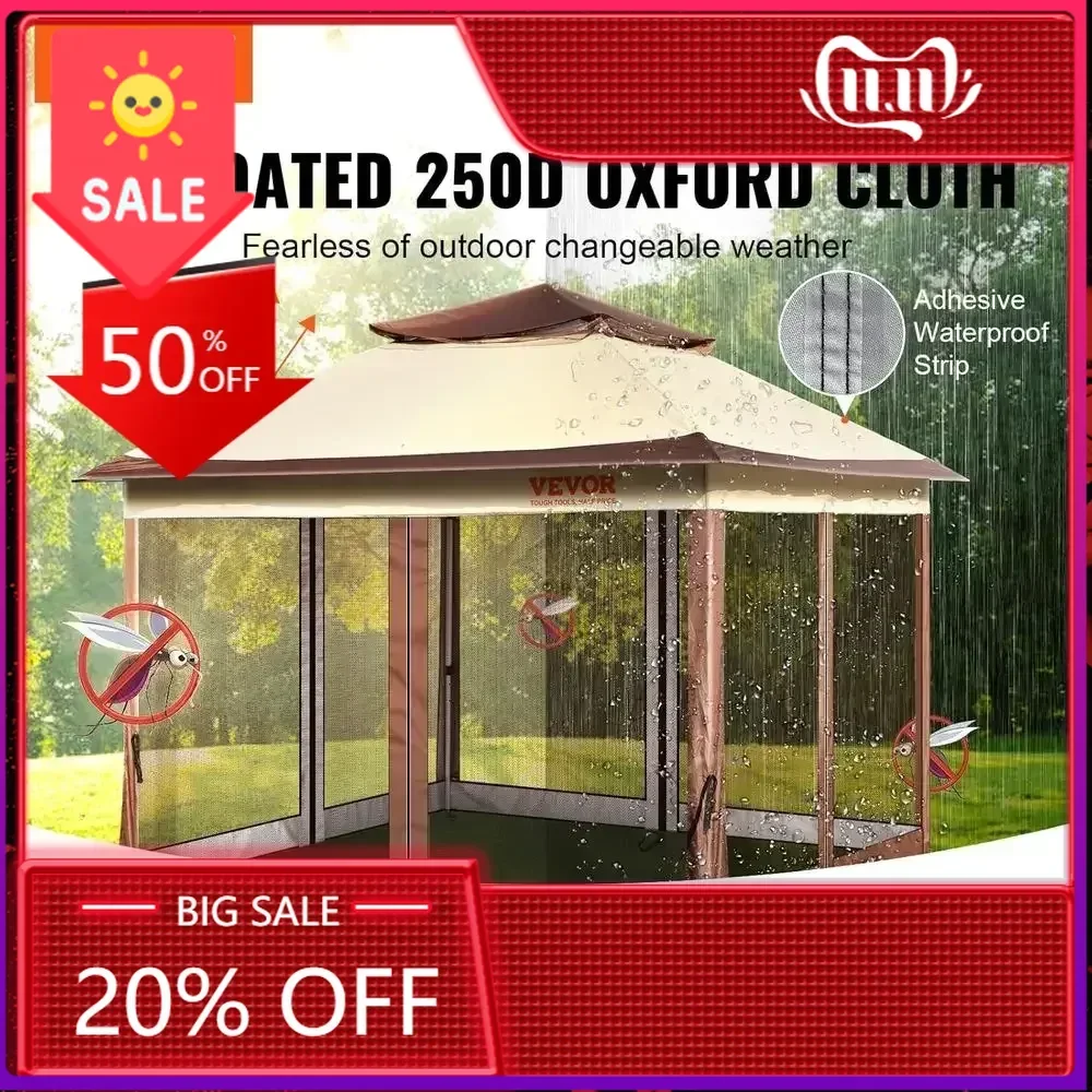 

Bestseller11ft x 11ft Brown Outdoor Patio Shelter with Mosquito Netting, Metal Frame, and PU Coated 250D Fabric