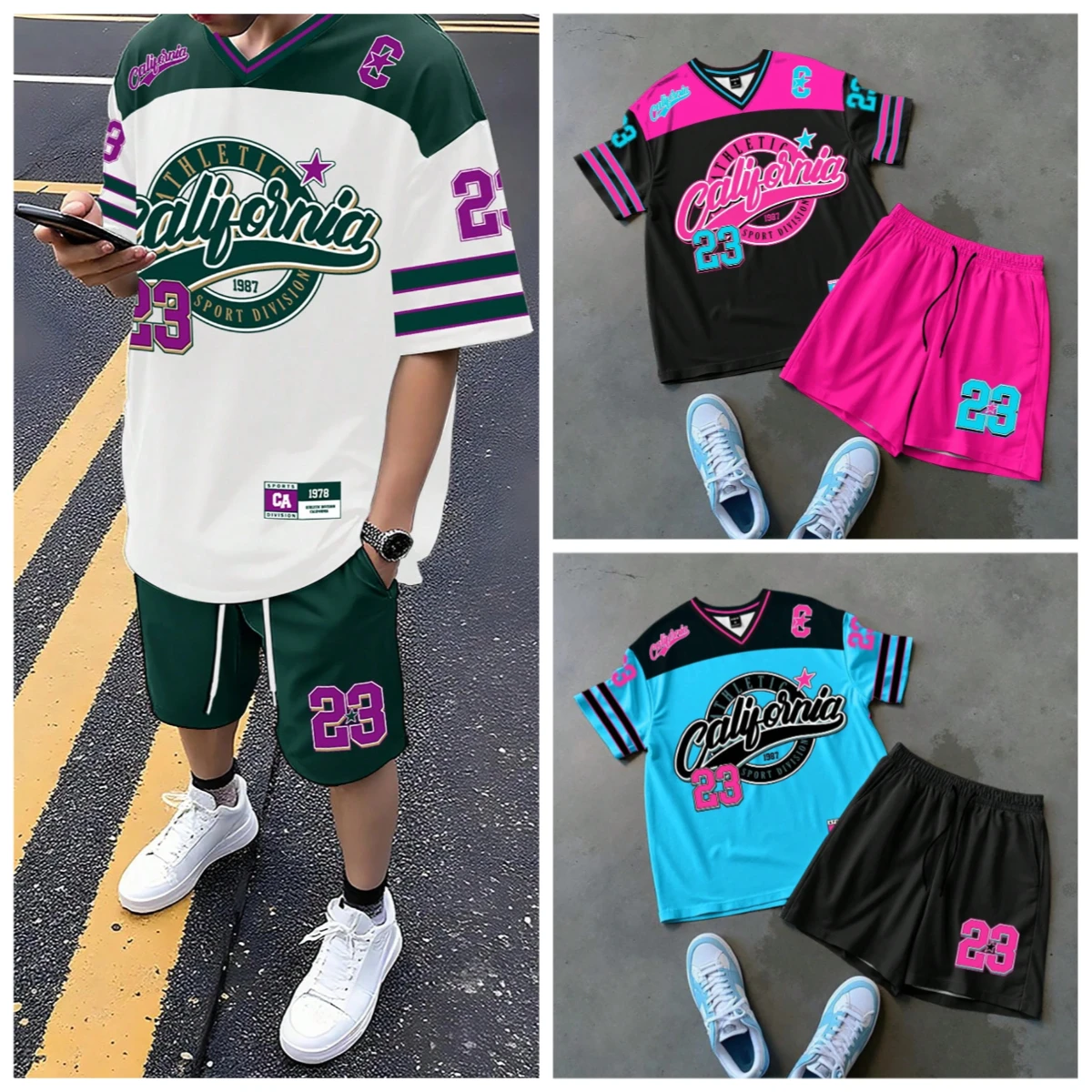 

Men's Casual Colorblock Letter Print Short Sleeve T-Shirt Shorts Set Outdoor Trendy Sportswear Breathable Comfortable Clothing