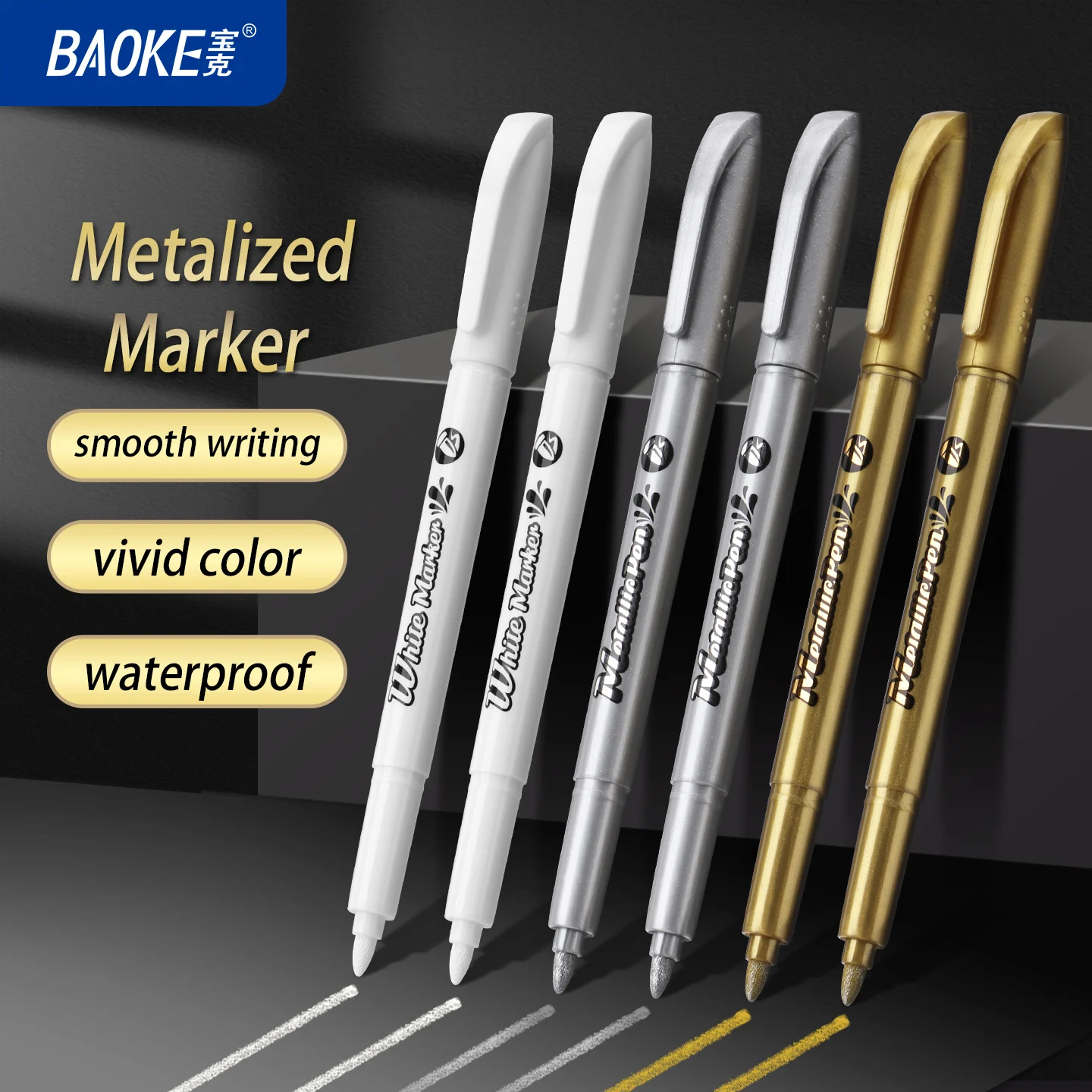 BAOKE Metallic Marker Pens, 3 Colors Gold/Silver/White, 1-3mm Chisel Fiber Tip, Durable Smooth Writing, Permanent Paint Marker