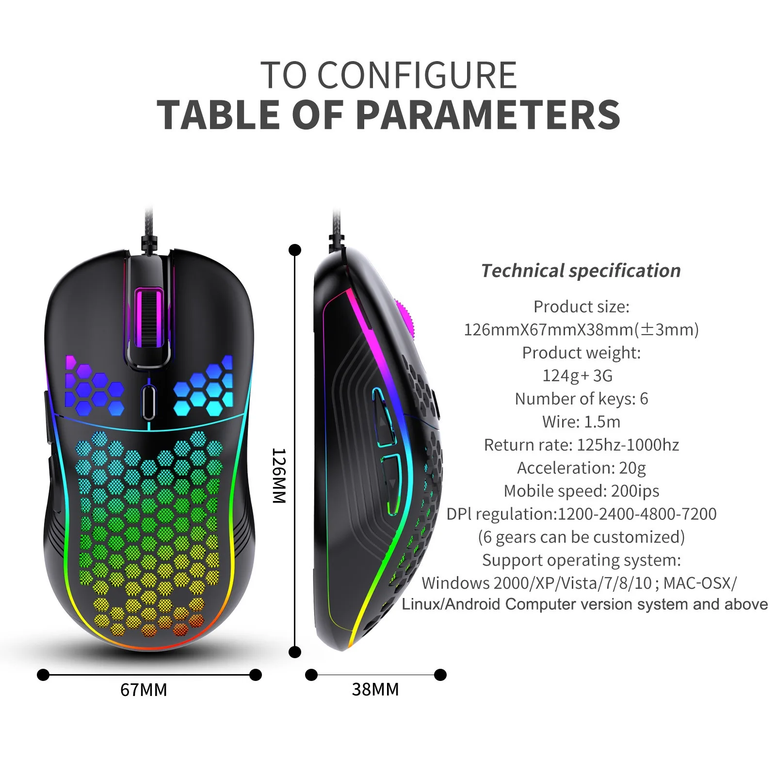 USB 유선 게임용 마우스 기계식 마우스 USB 빛나는 빛 마우스 노트북 PC 컴퓨터 게임용 조정 가능한 광학 게이머 마우스