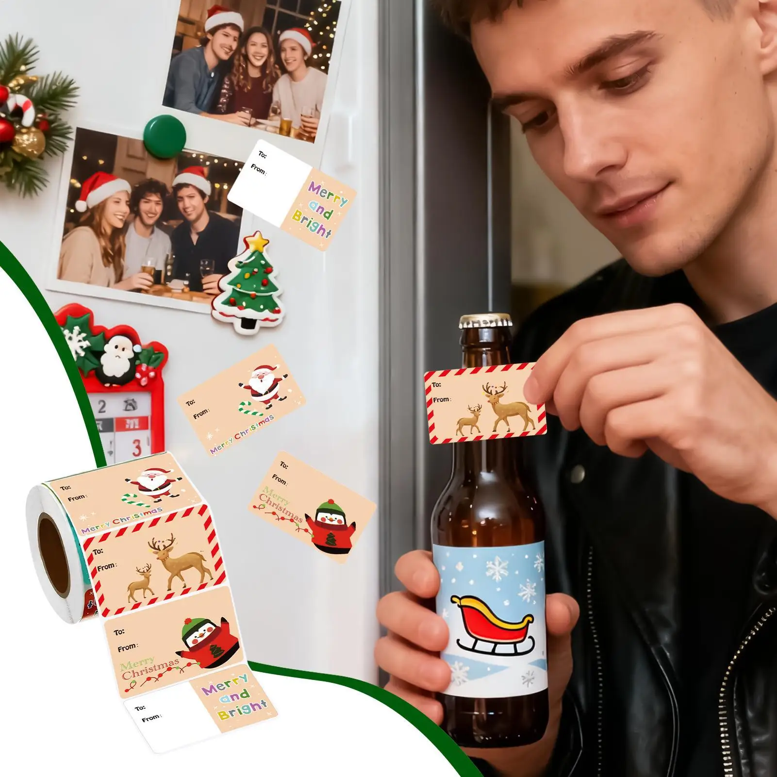Christmas Tags Roll 500 Pieces Assorted Cartoon Adhesive Holiday Stickers Christmas Labels Envelope Seals Tags For Envelopes