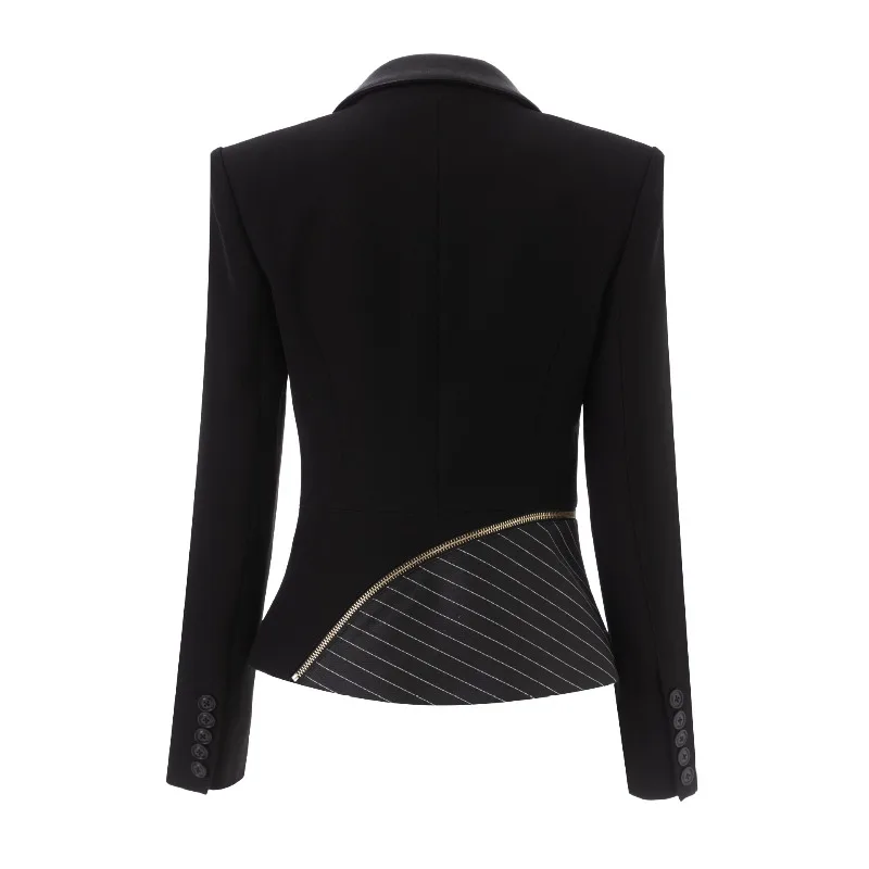 Women's Color Block Patchwork Blazer Metal Zipper Decor Waist Slim Fit Professional Suit Jacket