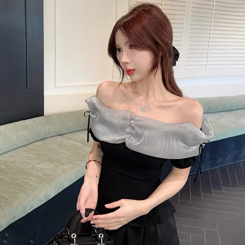 Elegant Romantic Style Women\'s Blouse Summer Gauze Ruffled Off Shoulder Bow Short Puff Sleeved Shirt Top for Evening Clothing