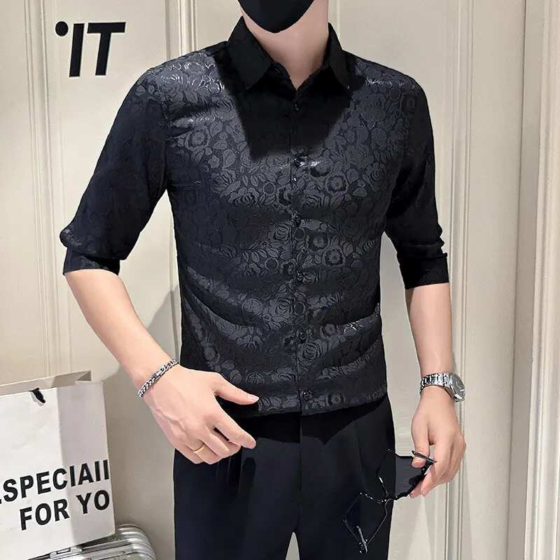 

Half-sleeved Flower Jacquard Man Shirt Summer Spring Slim Fit Lapel Elegant Men Floral Shirts Vintage Prom Party Mens Clothing