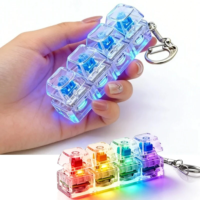 4Keys Illuminated Mechanical Keyboard Keychain Finger Button Anti Stress Keycap for Office Home Adults Kid,Decompression Clicker