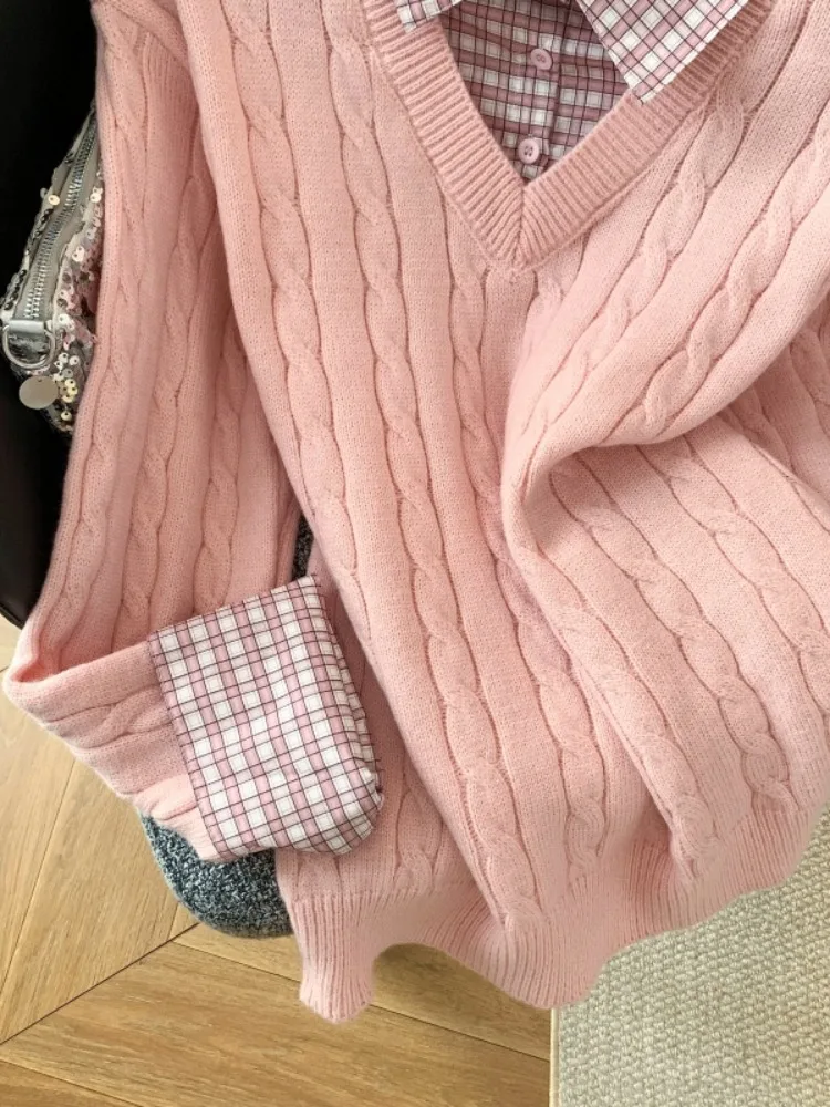 Koreaanse College Sle Twisted Knit Sweater Kraag Nep Tweedelige Dames Herfst Winter Zoete Roze Geruite Patchwork Top
