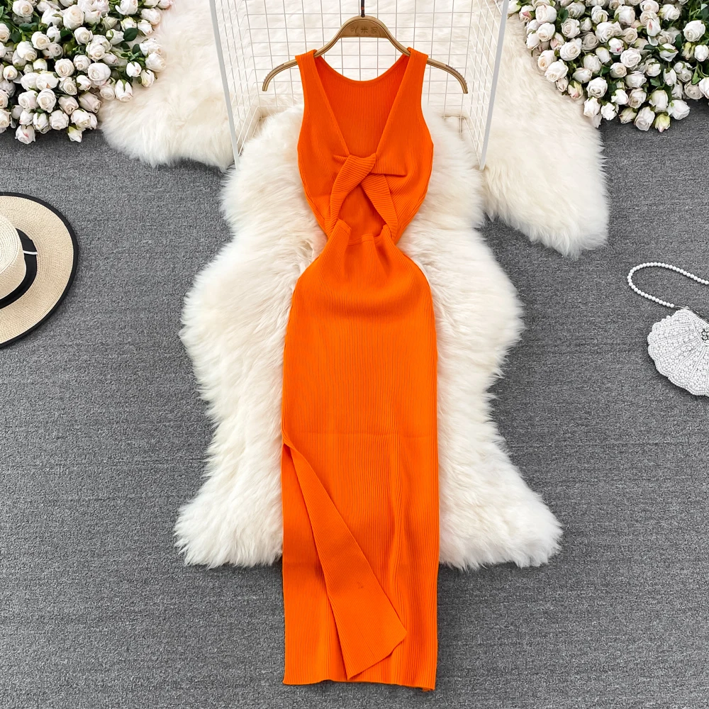 YuooMuoo Women Dress Sexy Wrap Hips Two Sides Available Split One-Piece Long Dress Fashion Knot Knitted Bodycon Party Robe Femme