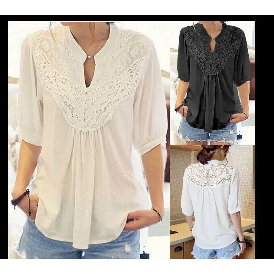 T-shirt à col creux en dentelle pour femmes, coupe ample, lanterne en Fiber de Polyester, Sve Five Quarter Sve Color