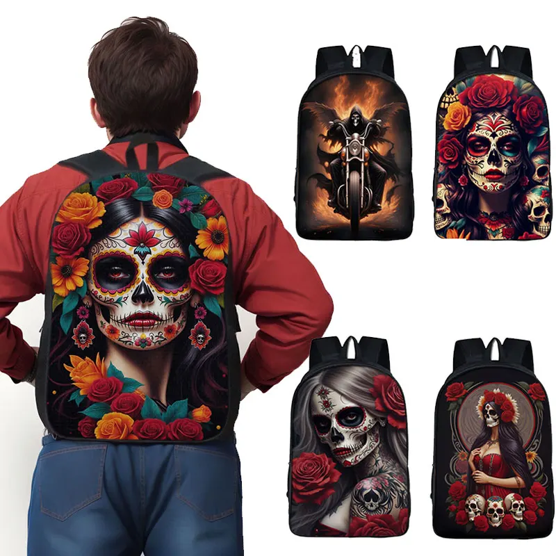 

Death Angel Skull Gothic Print Backpack Holy Death Schoolbags Death Grim Reaper Riding Motorcycle For Teenagers Rucksack Gift