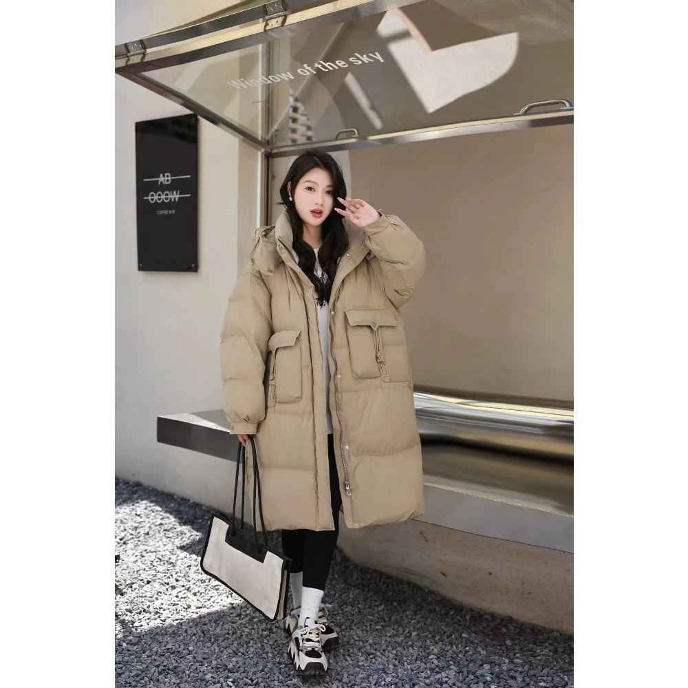 Long Hooded Duck Down Coat for Women, Thick Warm Parkas, European Style, High-end Fashion, White, New, Winter