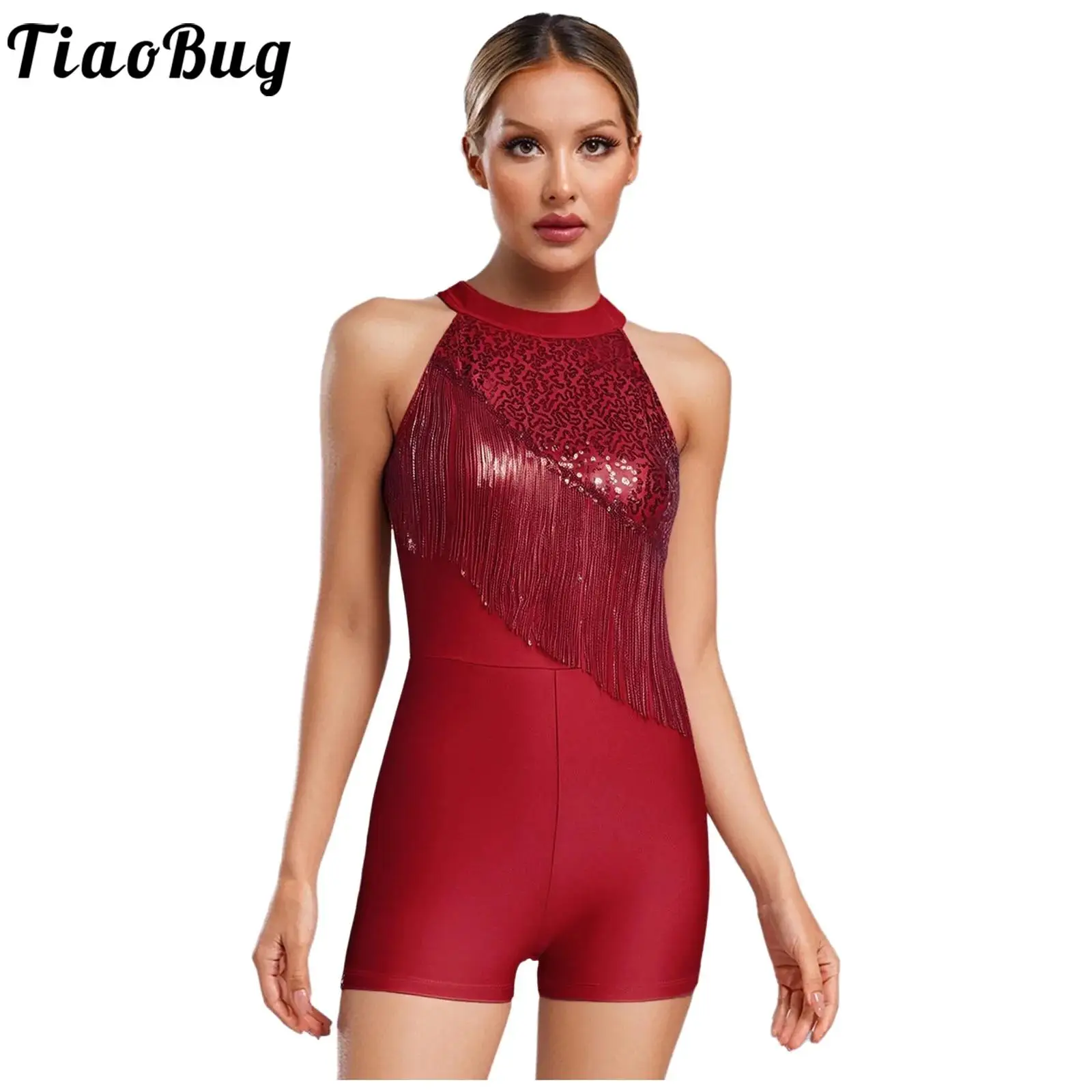

Women Sparkly Sequin Tassel Rompers Sleeveless Boylegs Shorts Bodysuit Jumpsuit for Gymnastic Rhythmic Dance Skating Dresses