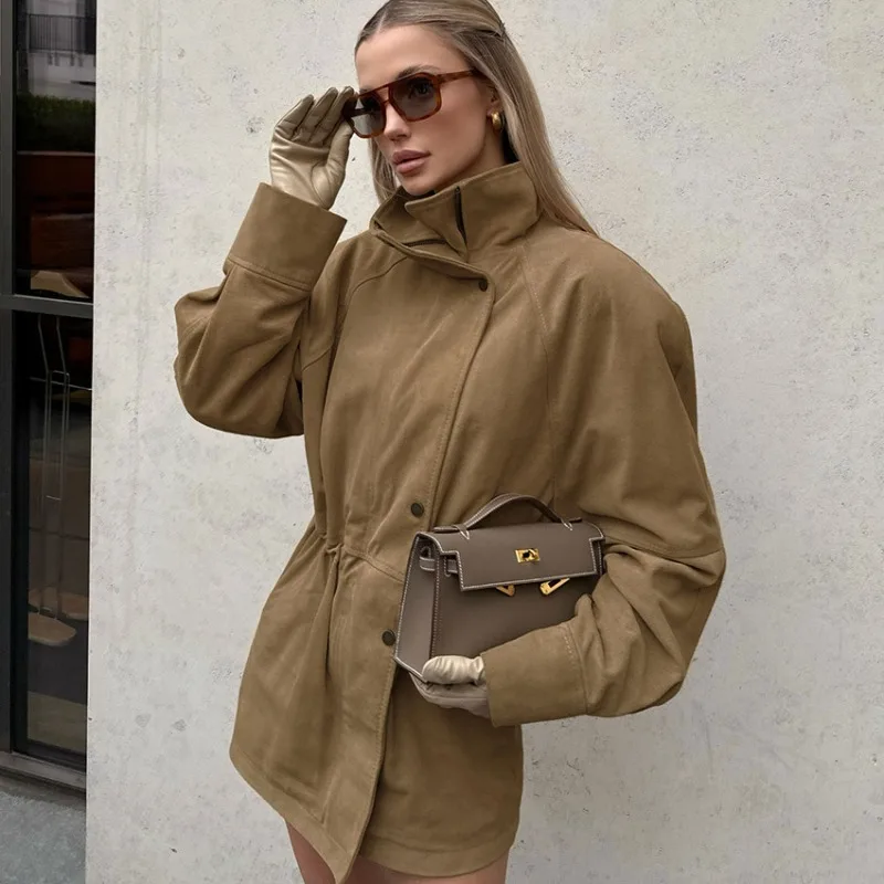 Women Faux Suede High Neck Belted Waist Mid Long Jacket Coat Design Chic Elegant Fall Winter 2026 New Trendy Loose Fit Soft Warm