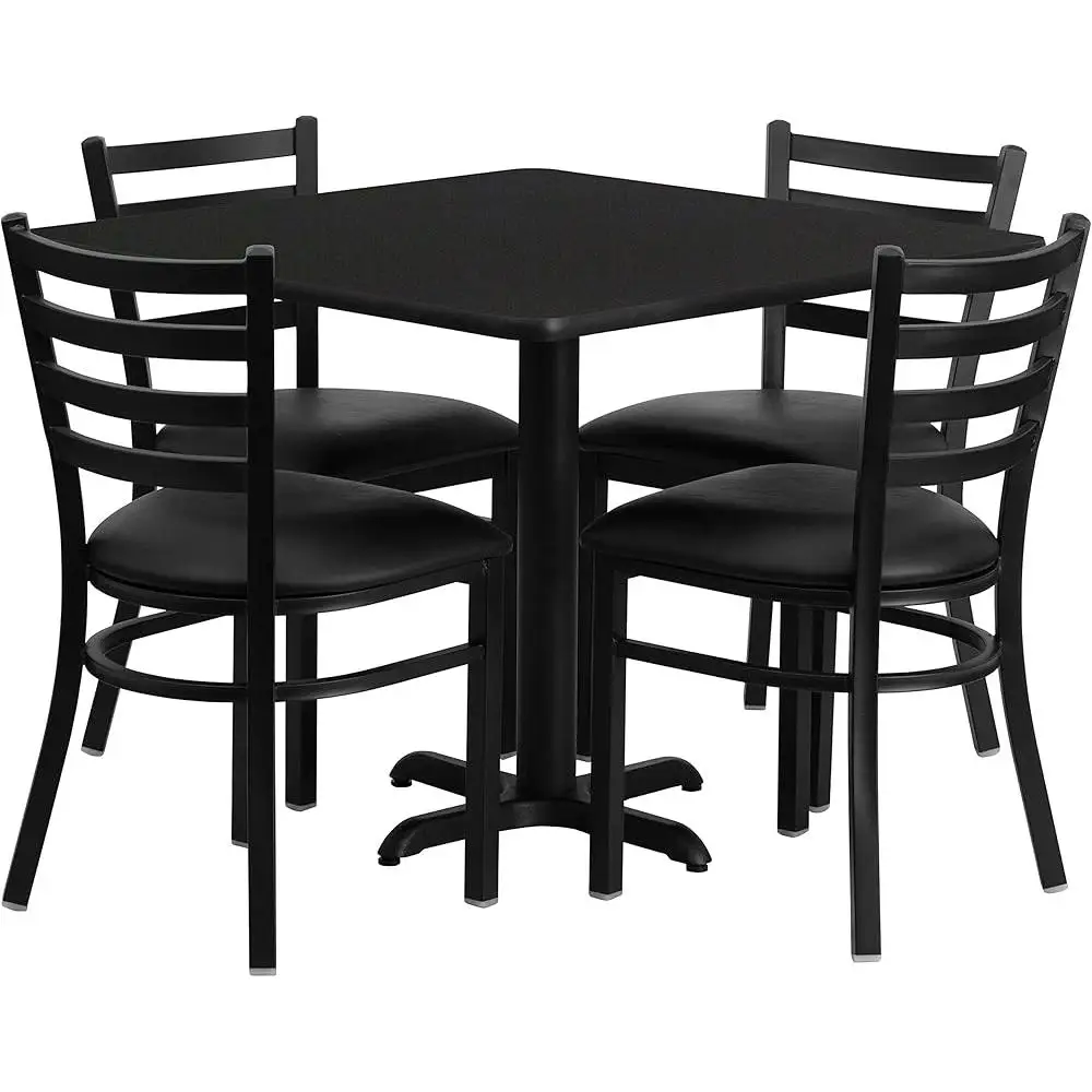 5 Piece Square Dining Set Restaurant Table with Sturdy X-Base and 4 Padded Ladder Back Chairs Commercial Grade Furniture