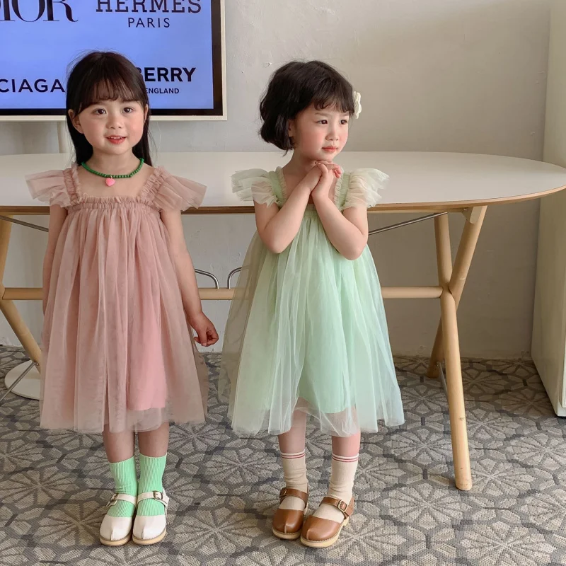 Summer New Style Little Flying Sleeve Girls' Mesh Dress Strap Baby Girl Princess Dress Puffy Dress Wholesale