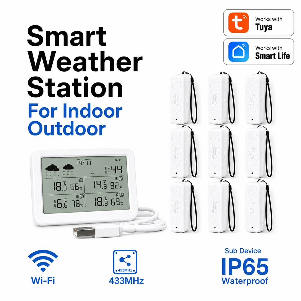 Tuya WiFi Weather Station Digital Thermometer Hygrometer RF433 Indoor Outdoor Temperature Humidity Sensor Time Display