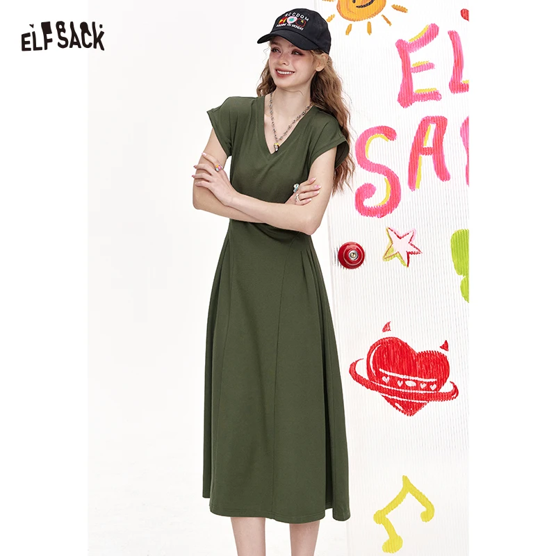 ELFSACK Lässiges, elegantes T-Shirt-Kleid mit Flügelärmeln und V-Ausschnitt für Damen