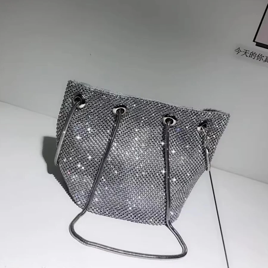 Shiny Chain Bucket Bags Women Evening Bags Diamonds Soft Silver Shoulder Bags Clutch Rhinestones Bridal Party Wedding Handbags view 4