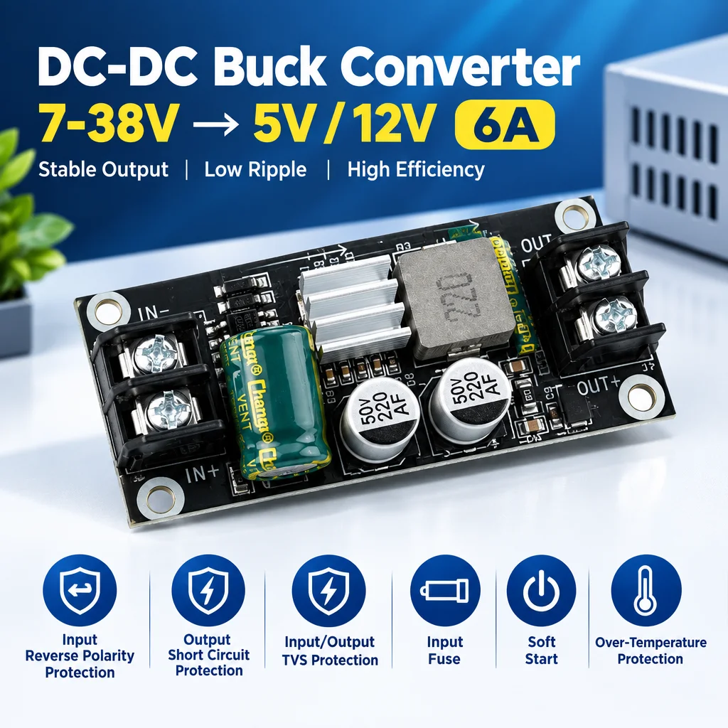 DC-DC Step Down Module 7-38V Input 5V Or 12V Output 6A Buck Power Supply With Over Temperature Protection Soft Start