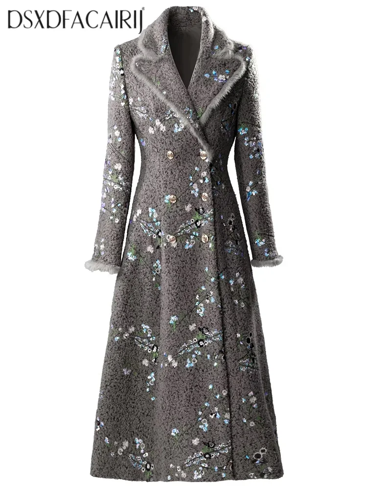 DSFACAIRIJ Sequins Embroidery Feathers Tweed Outerwear For Women Turn-Down Collar Long Sleeves Double Breasted Coat Autumn