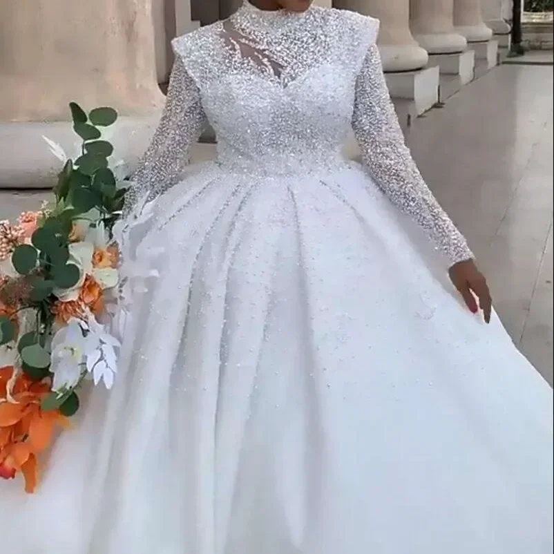 Customized  Beads Sequins Ballgown Wedding Dress Robe De Mariee Luxe Africa Long Sleeves Ballgown Puffy Bridal Gown