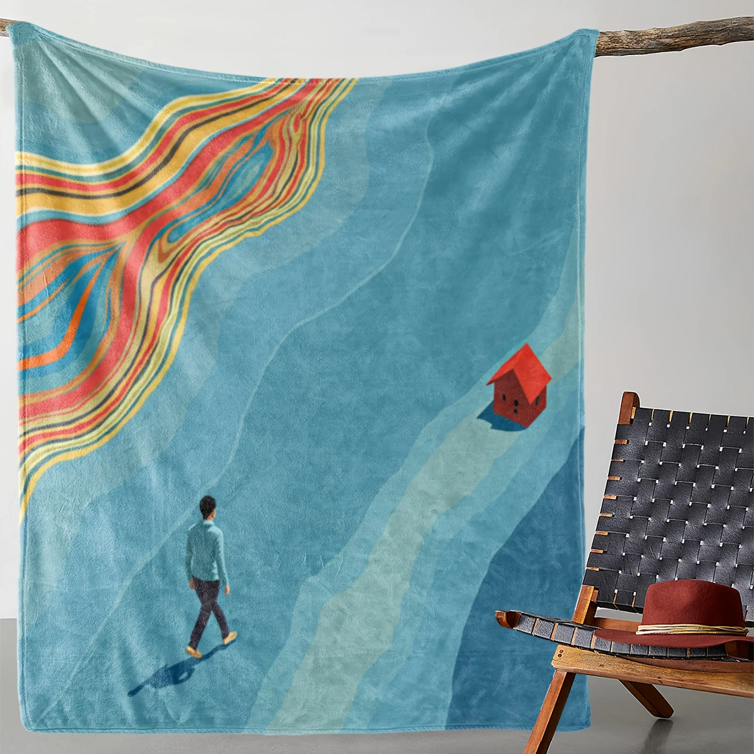 1pc Zeal Lily Flannel Blanket - Turquoise Blue & Orange Retro Wave & House Print with Red Roof House Design, Soft Warm All-Seaso