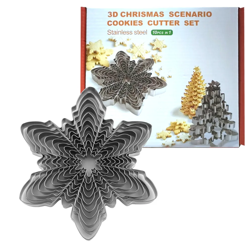 10pcs/set 3D Christmas Snowflake Cookie Cutter Stainless Steel Fondant Biscuit Embossing Mold Baking Accessories Kitchen Tools