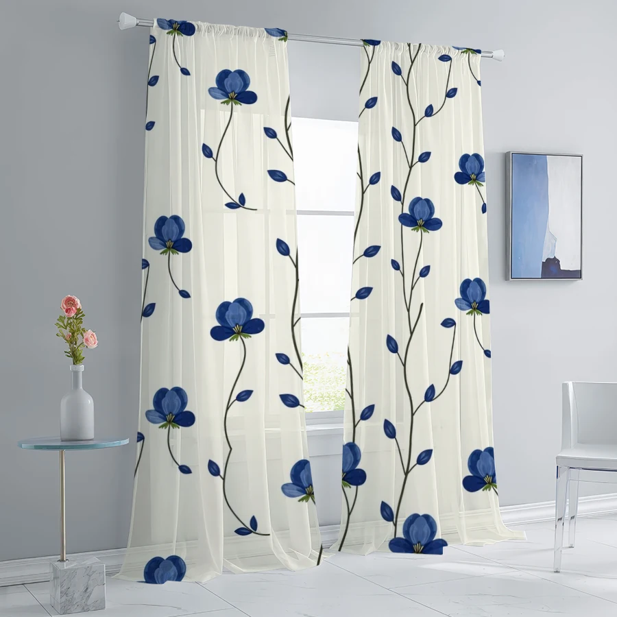 2 Stück Transparente Vorhänge, Blaues Blumenranken-Muster, Tür-/Fenstervorhänge, Bedruckte Vorhänge für Schlafzimmerdekoration