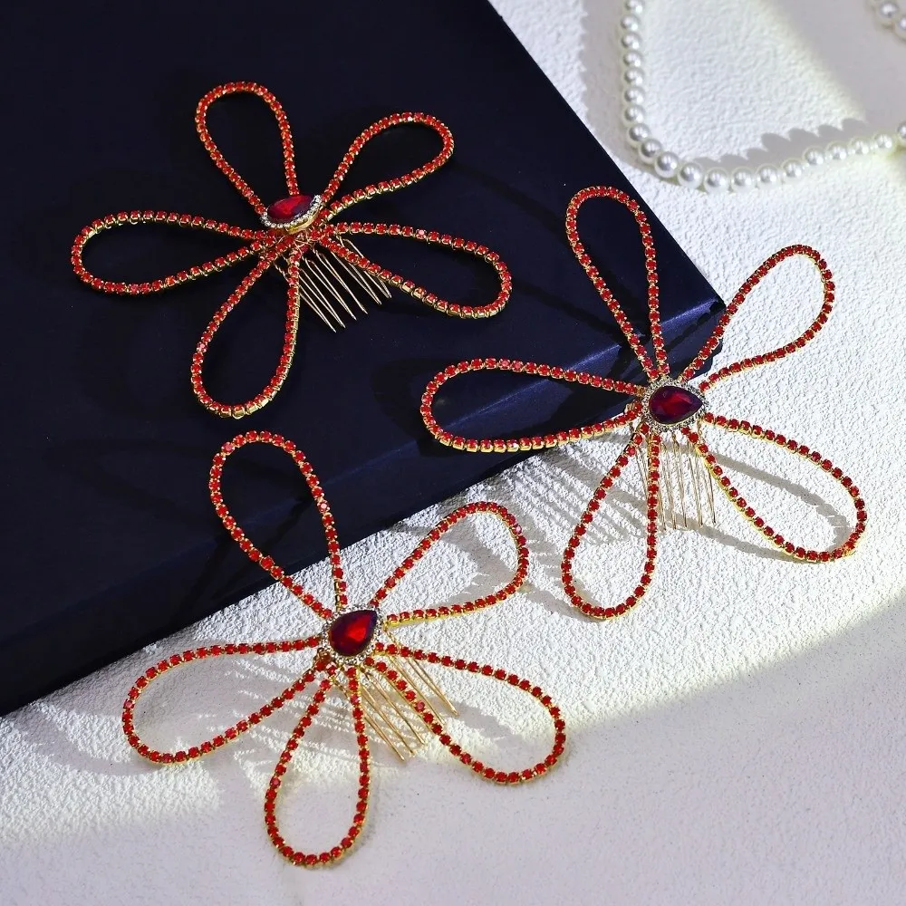 Fairy Red Flower Comb Hairpin Water Drop Crystal Rhinestone Hair Accessory Luxury Glitter Bridal Wedding Hair Ornament