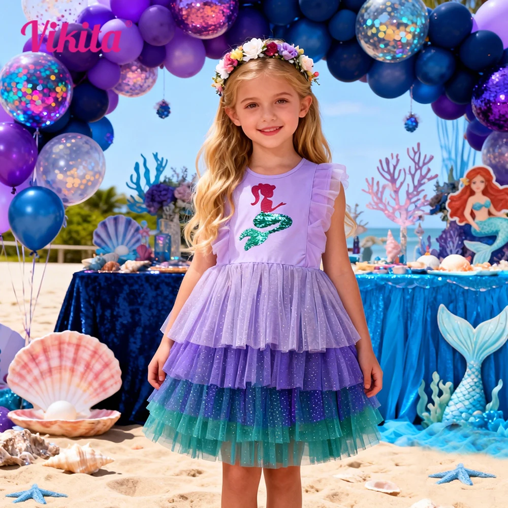VIKITA Mädchen Flare Ärmel Sommerkleider Kinder Meerjungfrau Pailletten Lila Cartoon Layered Tüll Mesh Party Prinzessin Tutu Kleid 3-12Y