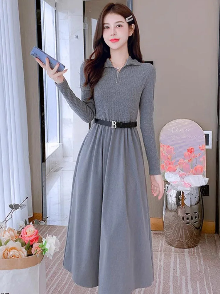 Fashionable And Elegant Knit Dress 2023 Autumn Winter New Korean Edition Zip Collar High Waist Slim Long Sleeve Long Dress Z2882