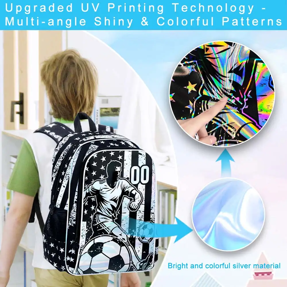 Tas Ransel Sepak Bola 17 inci untuk Anak Laki-laki, 3Pcs Tas Sekolah Anak Tahan Air untuk Prasekolah, Tas Sekolah TK Keren dengan Kotak Makan Siang