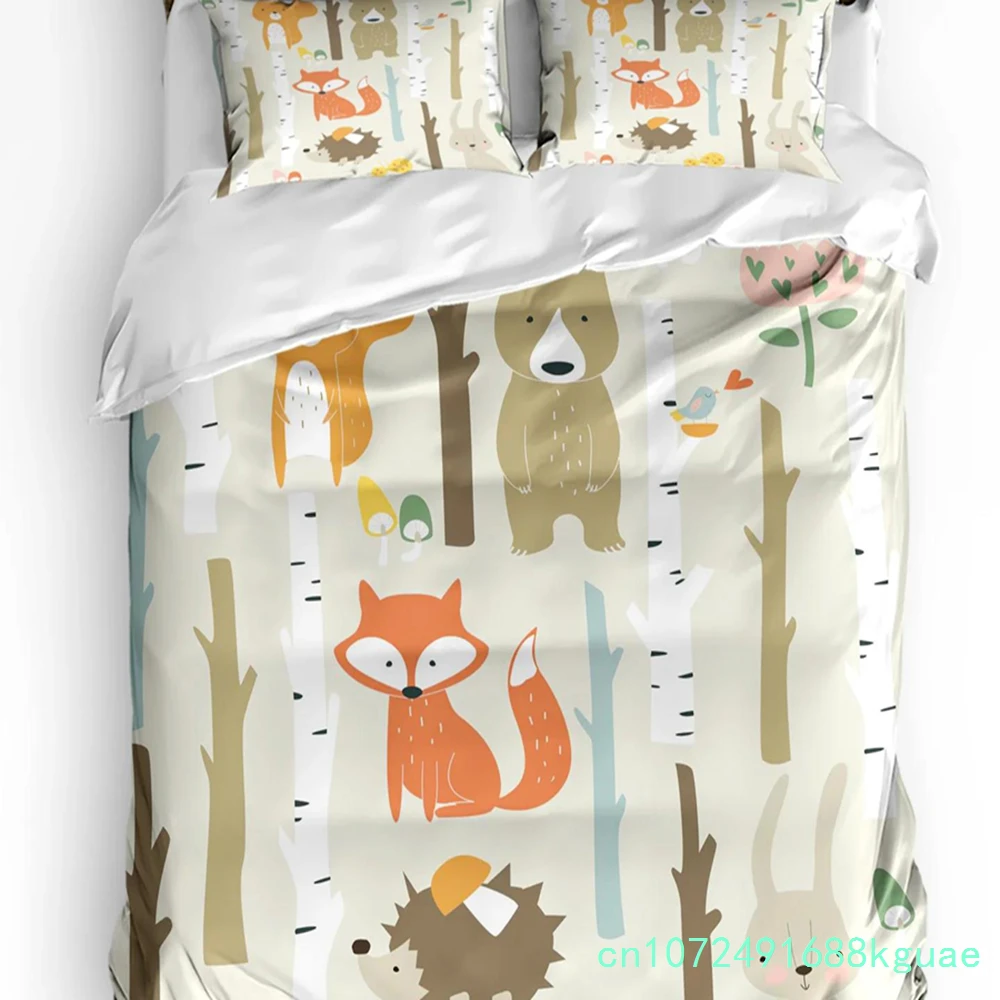 Cartoon Forest Animal Tree Fox Bear Rabbit Kawaii 3pcs Bedding Set For Bed Home Textile Duvet Cover Quilt Cover Pillowcase
