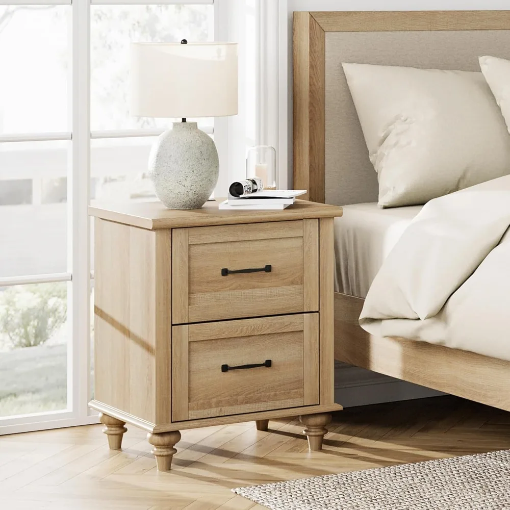 Nightstands Side Table with Charging Station, Light Wood End Tables with 2 Drawers for Living Room,