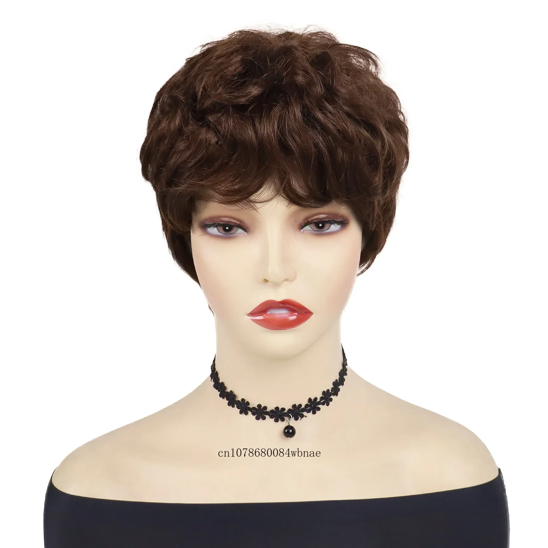 Natural Synthetic Brown Curly Wig with Bangs for Women Short Pixie Cut Wigs Daily Party Costume Mommy Gifts Wig Heat Resistant